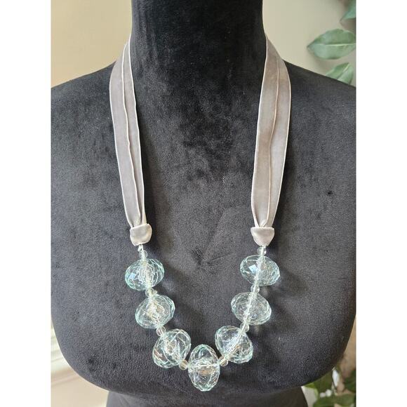 Women's Clear Glass Bead Necklace With Velvet Ribbon Tie For Elegant Style - Picture 2 of 6